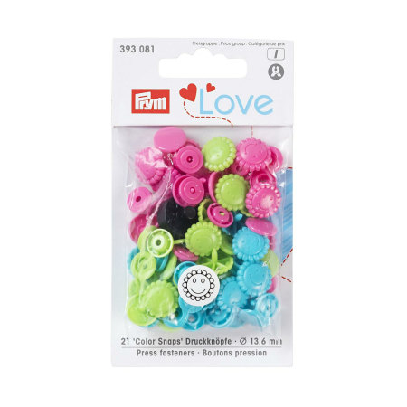 Bouton pression, Prym Love, fleurs, 13,6mm, turquoise vert pink 21 pièces (393081)