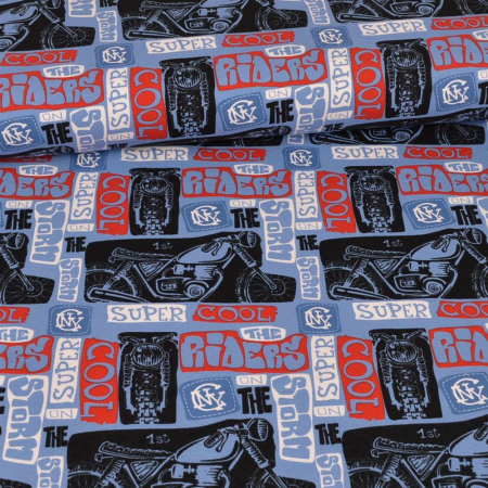 1 morceau de 1,40m de tissu éponge dété French Terry - Cool Riders Moto - Bleu