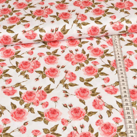 Tissu coton - douces roses sur blanc