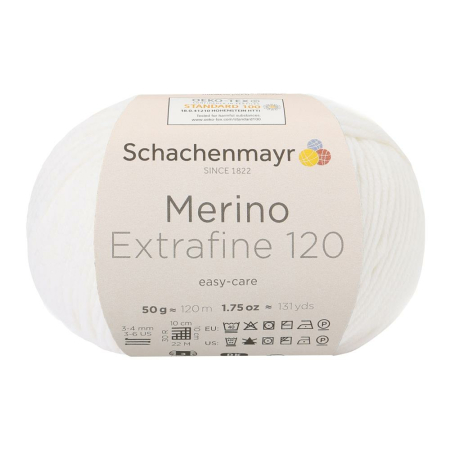 Schachenmayr laine mérnios Extrafine 120, 00101 blanc 50g