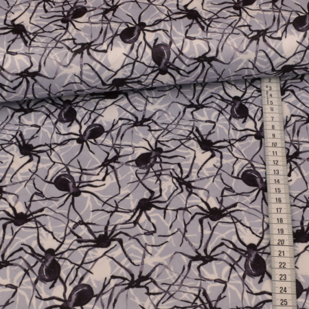 Tissu déguisement imprimé métallisé - araignées noires sur gris clair