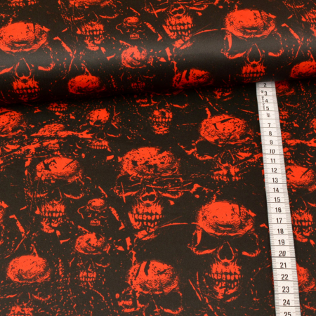 Tissu déguisement imprimé métallisé - Red Horror Skull - noir