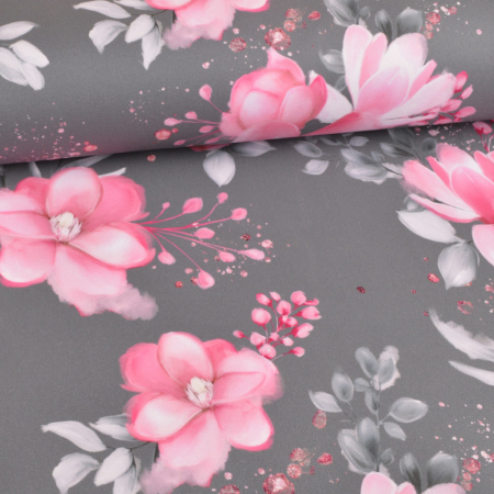 Tissu déco Fleur de Magnolia aquarelle rose sur gris - Collection exclusive Glitzerpüppi