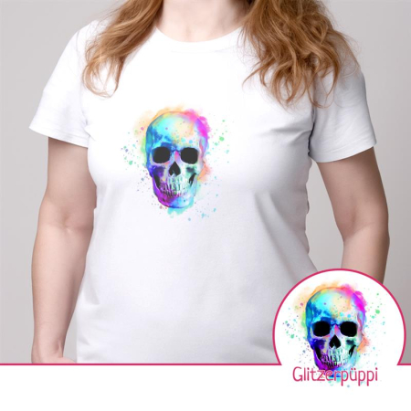 Motif à repasser en exclusivité Glitzerpüppi Tête de mort aquarelle multicolore