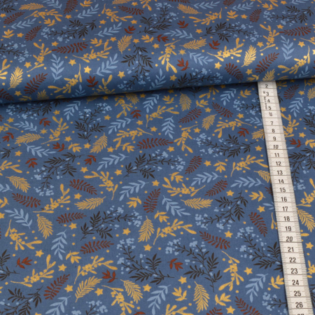 Tissu coton imprimé métallisé - Magie de Noël arbustes sur bleu jeans