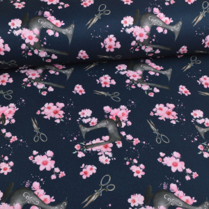 Tissu déco Sewing & Cherry Blossoms sur bleu...
