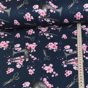 Tissu déco Sewing & Cherry Blossoms sur bleu marine - Collection exclusive Glitzerpüppi