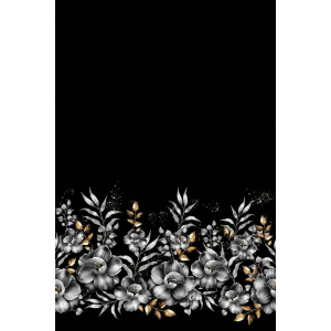 1 morceau de 0,65m de tissu French Terry avec bordure - Roses romantiques dorées sur fond noir - Glitzerpüppi Exclusiv Eigenproduktion