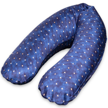 Coussin d’allaitement XXL Premium en 100% coton bio housse amovible – Cœurs sur effet jean bleu marine | 185 cm de long