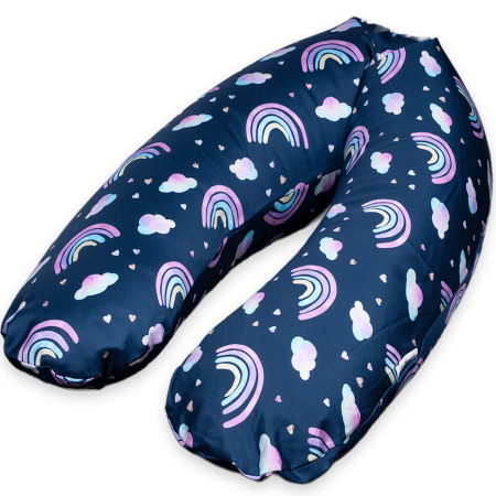 Coussin d’allaitement XXL Premium en 100% coton bio housse amovible – Arcs-en-ciel sur bleu marine | 185 cm de long