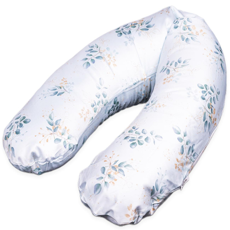 Coussin d’allaitement XXL Premium en 100% coton bio housse amovible – Eucalyptus sur blanc | 185 cm de long