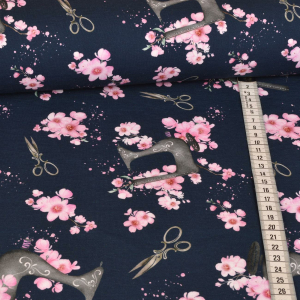 Jersey Cherryblossoms and Sewing sur bleu marine - Collection exclusive Glitzerpüppi