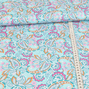 Tissu coton - Monde floral oriental sur turquoise