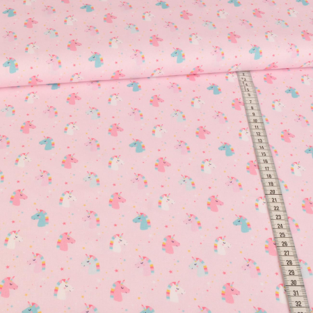 Tissu coton - Licornes et étoiles rose