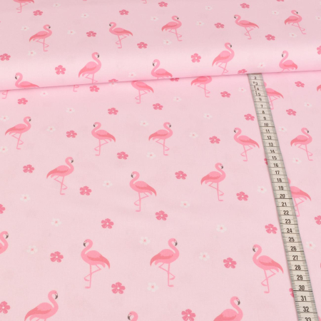 Tissu coton - Flamants roses et fleurs sur rose