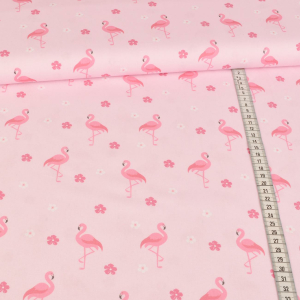 Tissu coton - Flamants roses et fleurs sur rose