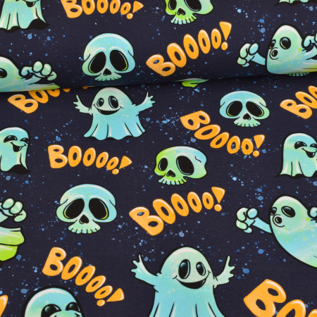 PRÉCOMMANDE !!! French Terry - Halloween Fantômes Bleu Orange sur Marine - Glitzerpüppi Exclusif Production Propre