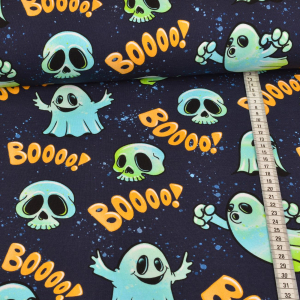 PRÉCOMMANDE !!! French Terry - Halloween Fantômes Bleu Orange sur Marine - Glitzerpüppi Exclusif Production Propre