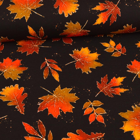 French Terry - Feuilles dautomne moutarde orange sur noir - Glitzerpüppi Exclusif Production Propre