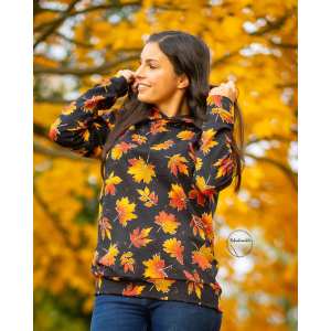 French Terry - Feuilles dautomne moutarde orange sur noir...