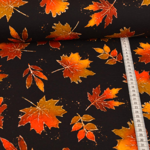 French Terry - Feuilles dautomne moutarde orange sur noir - Glitzerpüppi Exclusif Production Propre