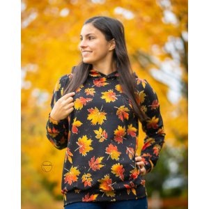 French Terry - Feuilles dautomne moutarde orange sur noir - Glitzerpüppi Exclusif Production Propre