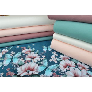 Jersey bordure Prairie aux papillons look denim - Collection exclusive Glitzerpüppi