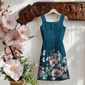 Jersey bordure Prairie aux papillons look denim - Collection exclusive Glitzerpüppi
