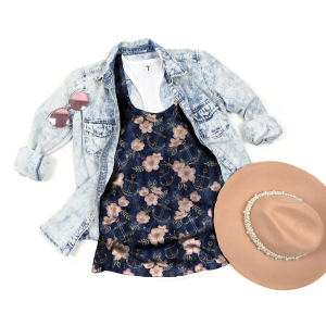 Jersey Fleurs dancres rose sur look denim - Collection exclusive Glitzerpüppi