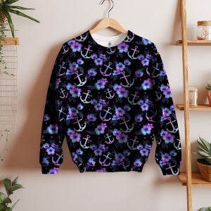 Jersey Fleurs dancres bleu violet sur noir - Collection exclusive Glitzerpüppi