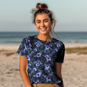 BIO Jersey Maritime Blossoms Mint Lila auf Jeans - Glitzerpüppi Exklusiv Eigenproduktion