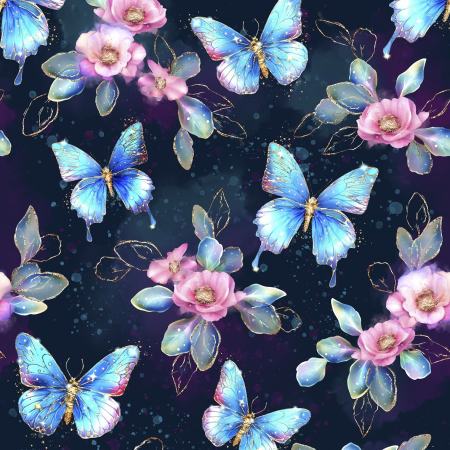 BIO Jersey Sparkly Butterflies and Flowers auf Navy - Glitzerpüppi Exklusiv Eigenproduktion