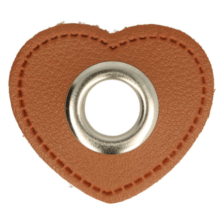 Oeillet simili cuir patch coeur marron 8mm - Nickelé