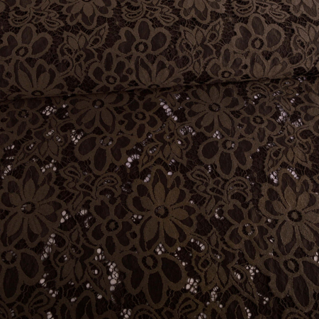 Tissu dentelle extensible fleur kaki