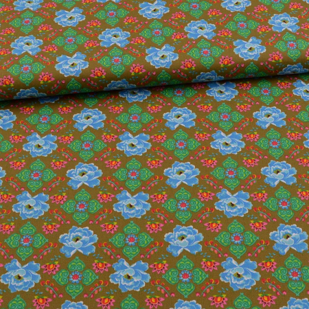 Tissu coton fleurs kaki