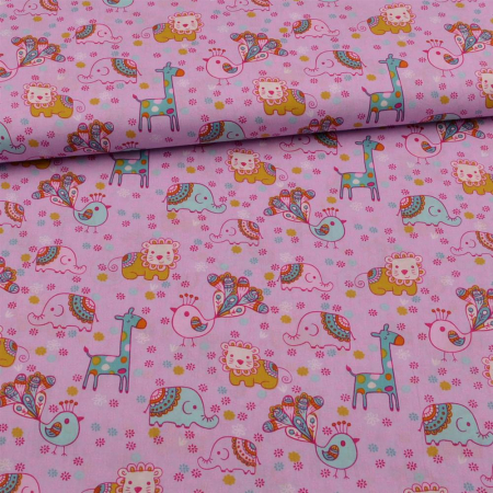 Tissu coton les animaux mignons pink